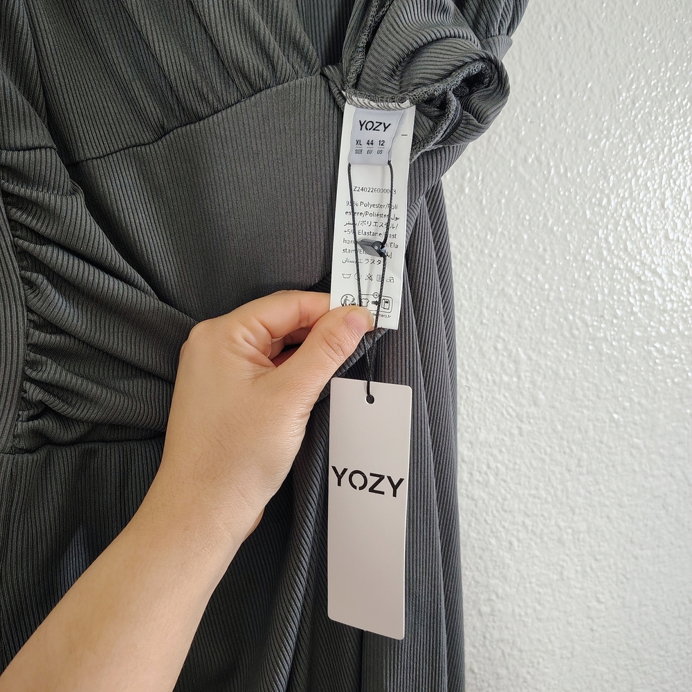 YOZY Gray Ribbed V Neck Wide Leg Jumpsuit Pockets XL Relax Style NWT - Picture 12 of 14
